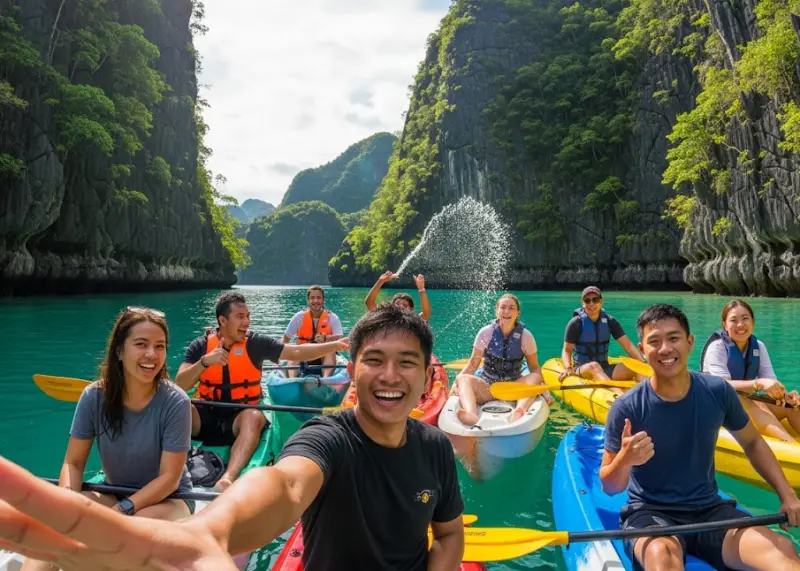 Group of Filipino and foreign friends smiling in kayaks at El Nido’s Big Lagoon.