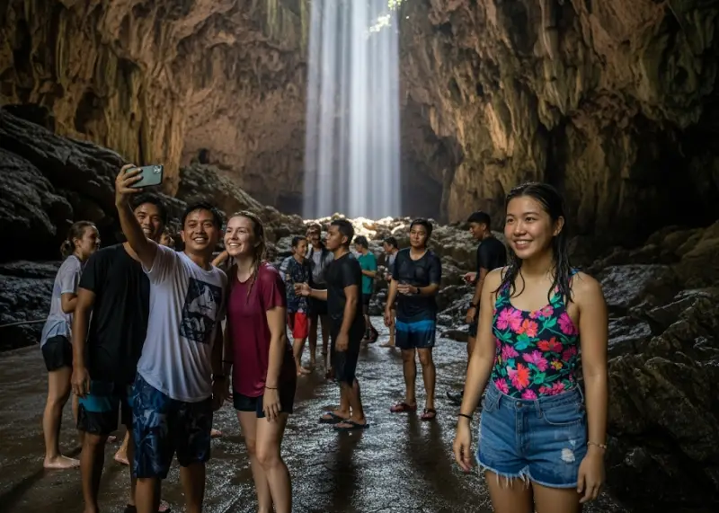 Group of Filipino and foreign friends exploring Cudognon Cave in El Nido, laughing and taking selfies.
