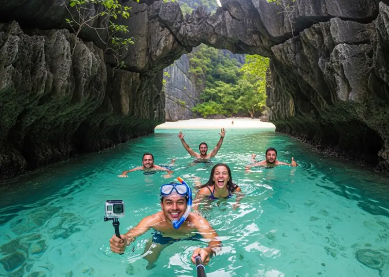 Friends swimming through limestone cliffs into Hidden Beach in El Nido.
