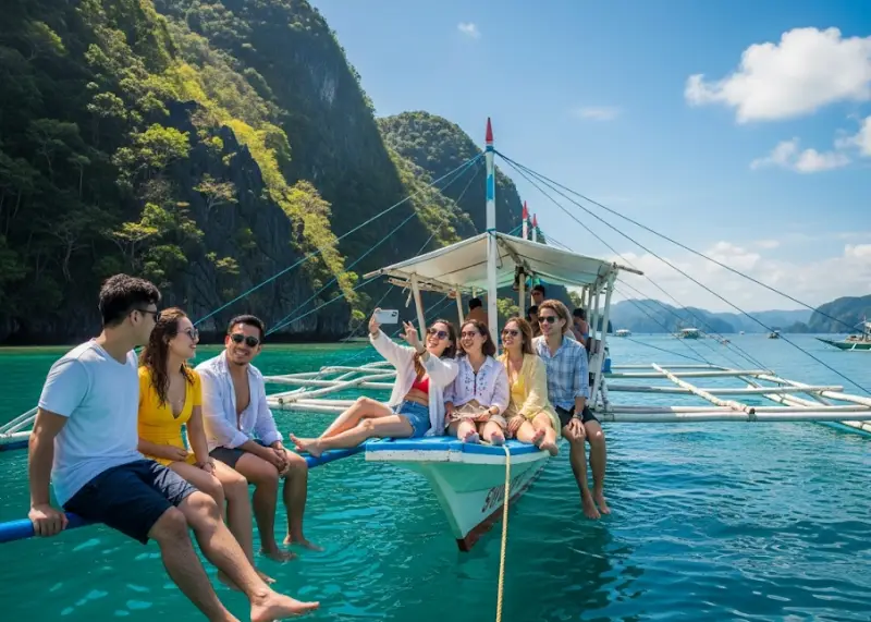 Friends lounging on a banca boat taking selfies at Cadlao Lagoon in El Nido.