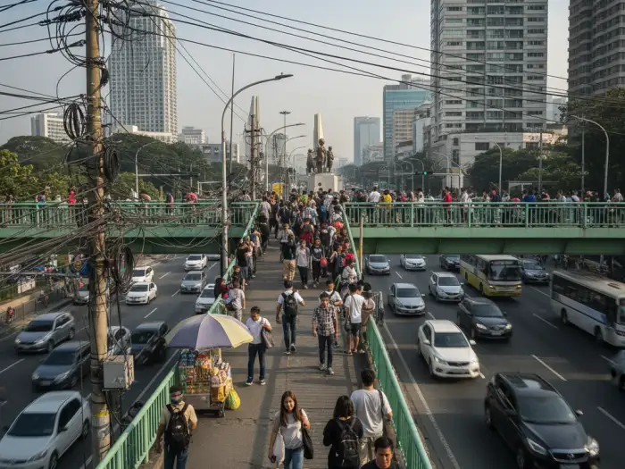 Tourists and commuters crossing a pedestrian bridge near People Power Monument in EDSA.