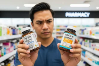 A shopper in the Philippines comparing two vitamin bottles, one authentic and one counterfeit.