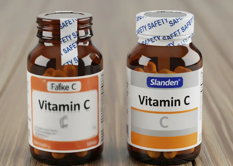 Close-up comparison of a fake vitamin bottle with crooked label and a genuine sealed one.