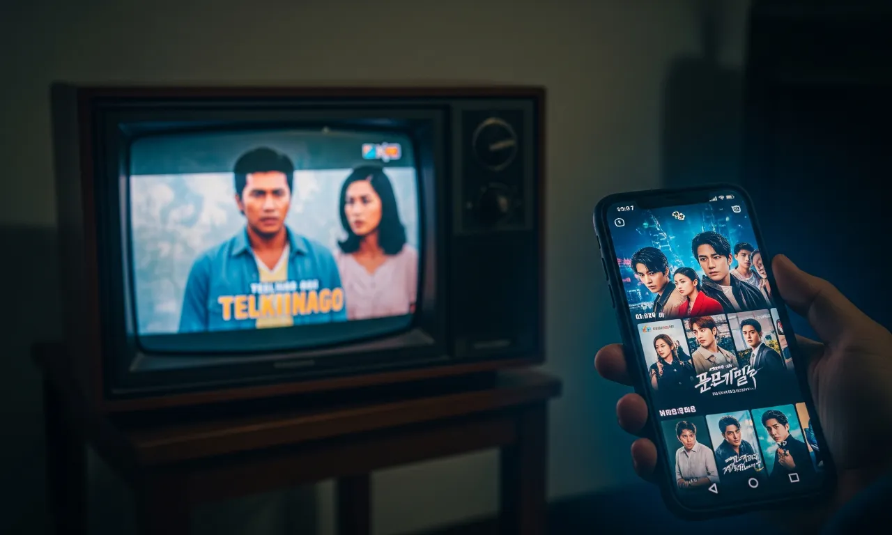A dramatic visual contrast between a classic Pinoy teleserye on an old TV and a modern streaming show on a phone, representing the decline of Filipino soap operas.