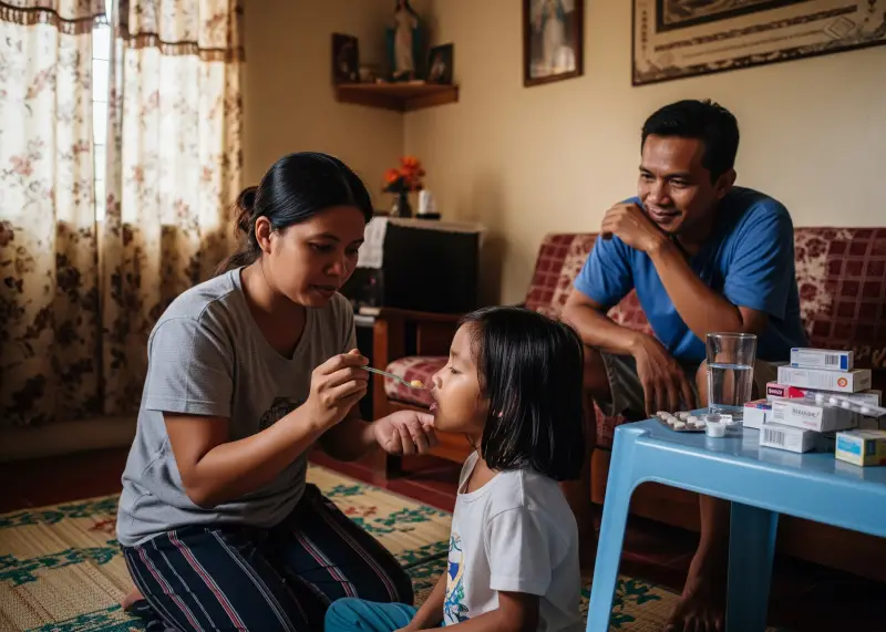 Filipino mother giving cough syrup to a child at home without a doctor’s advice.