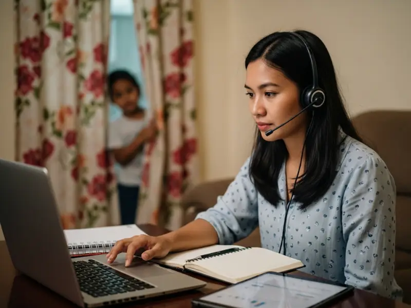Filipina executive assistant on a video call at home while her child peeks behind her.