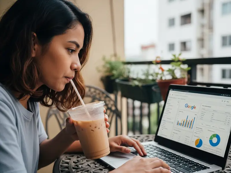 SEO specialist analyzing Google Analytics dashboard with milk tea on the table.