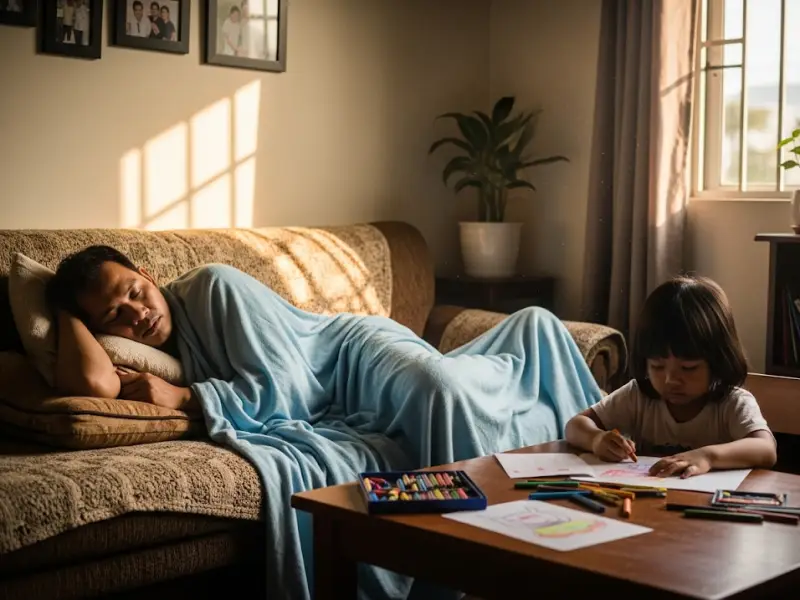 Filipino father resting on sofa with a blanket for a short nap.