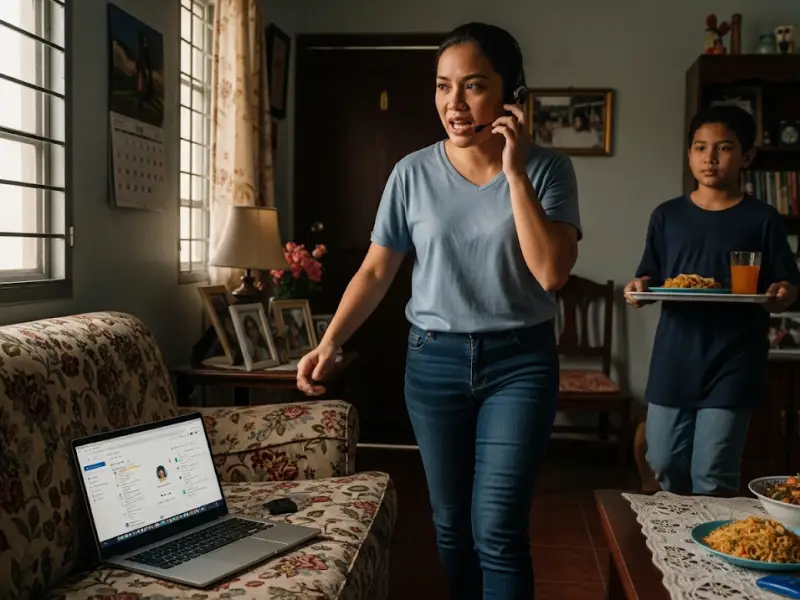 Filipino appointment setter on a call pacing around the living room.