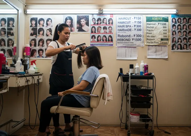 Affordable Filipino beauty salon with hairdresser and customer.
