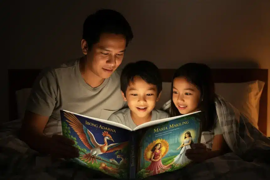 A Filipino parent reading a bedtime storybook with mythical illustrations to children under warm light.