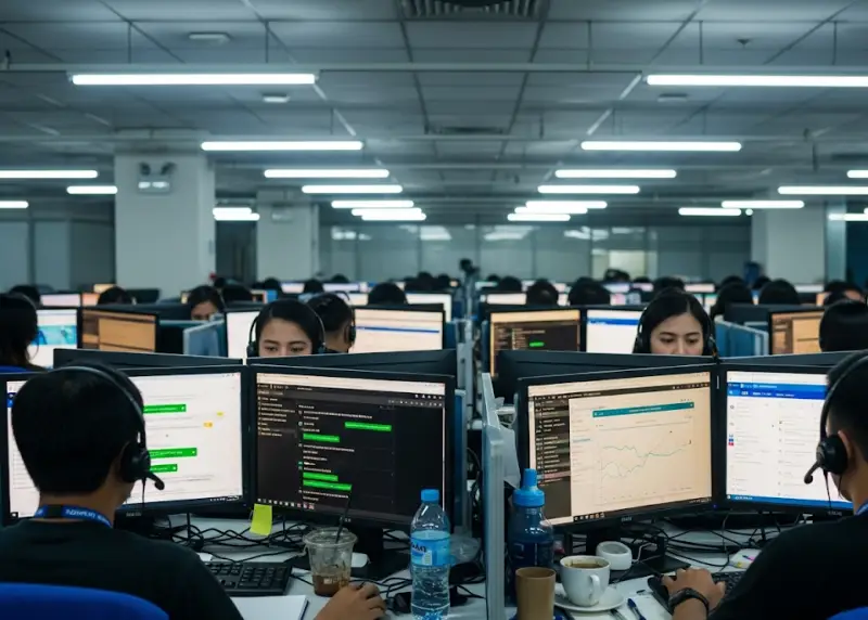 Filipino call center agents wearing headsets working the night shift in a BPO office.