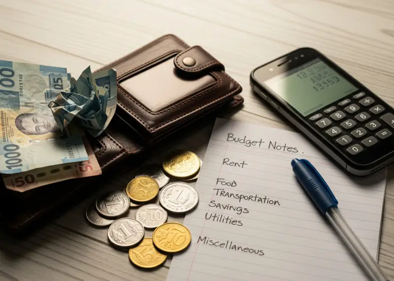 A Filipino wallet with peso bills and handwritten budget notes showing rent, food, and savings allocations.