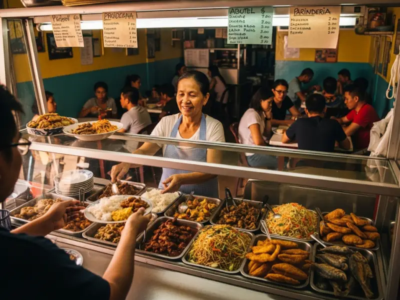 A Filipino carinderia serving rice and viands to customers at simple plastic tables.