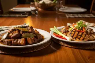 Side-by-side classic and healthier versions of Filipino comfort foods on a dining table