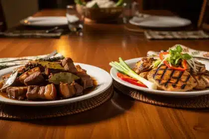 Side-by-side classic and healthier versions of Filipino comfort foods on a dining table