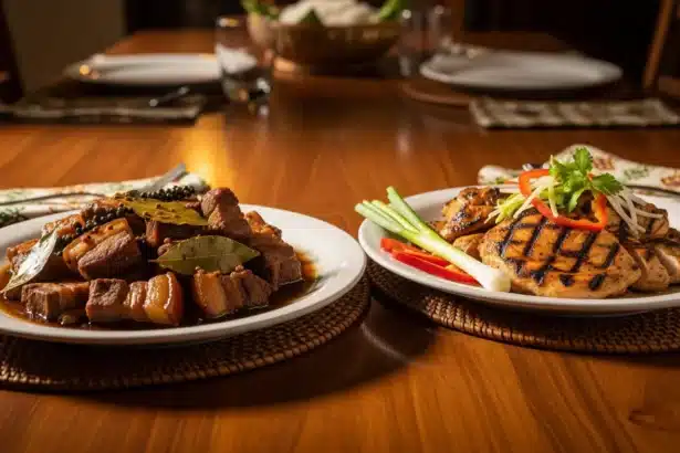 Side-by-side classic and healthier versions of Filipino comfort foods on a dining table