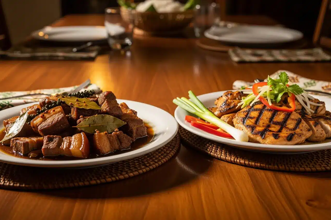 Side-by-side classic and healthier versions of Filipino comfort foods on a dining table