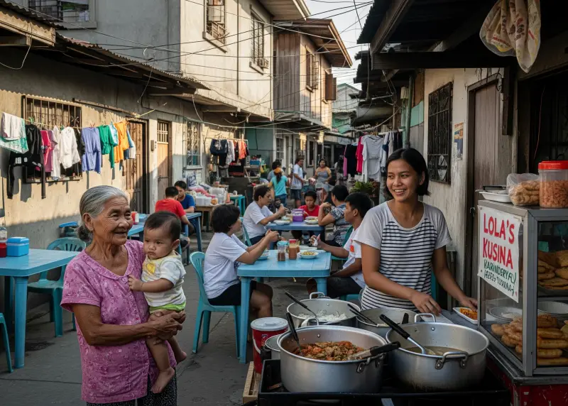 Filipino grandmother helping care for a child while a single mother manages a small karinderya.