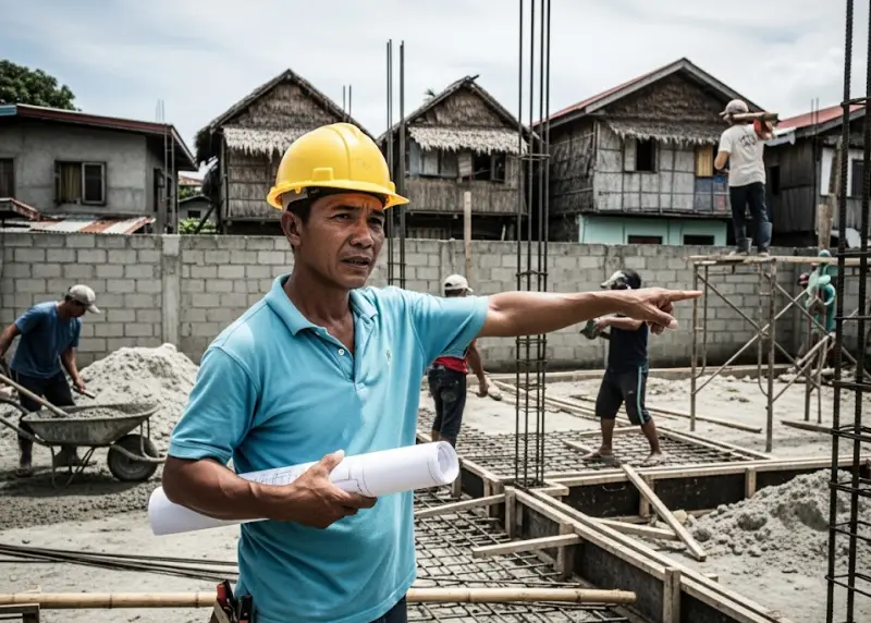 Skilled Filipino construction worker or foreman holding blueprints in a residential construction site.