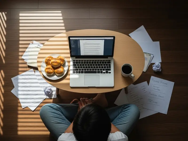 Content writer working on laptop from the floor with coffee and pandesal.
