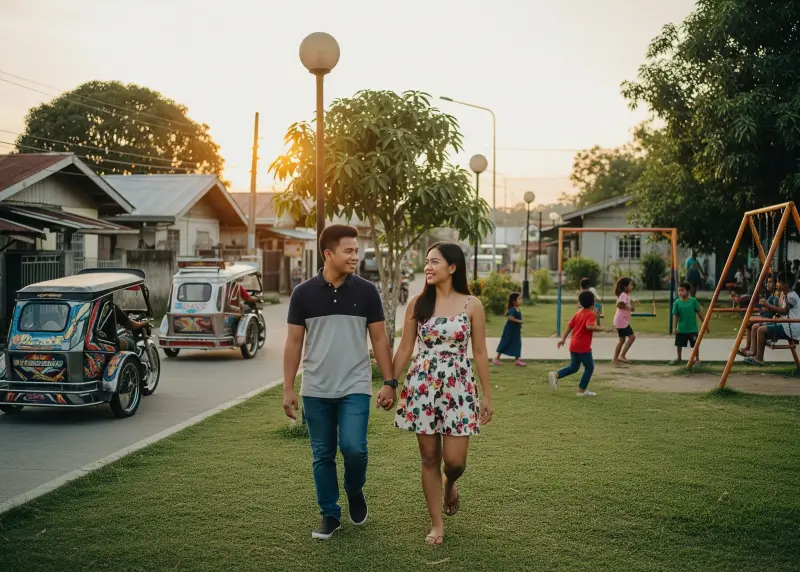 Filipino couple walking hand in hand in a community park after meeting online.