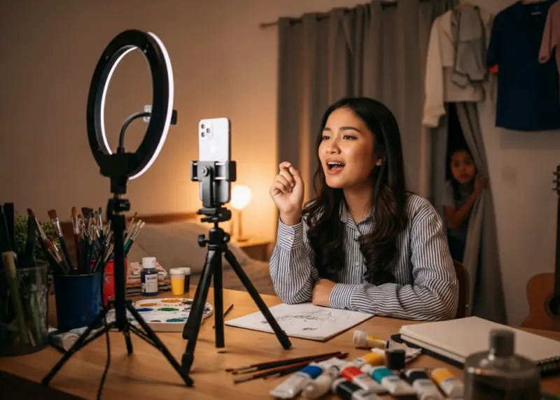 Filipino content creator recording a vlog with a ring light, smartphone, and art tools in a modest bedroom studio.