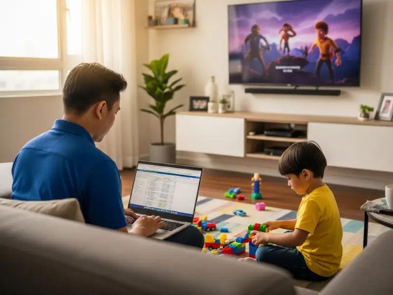 Filipino data analyst working on laptop with child playing nearby.