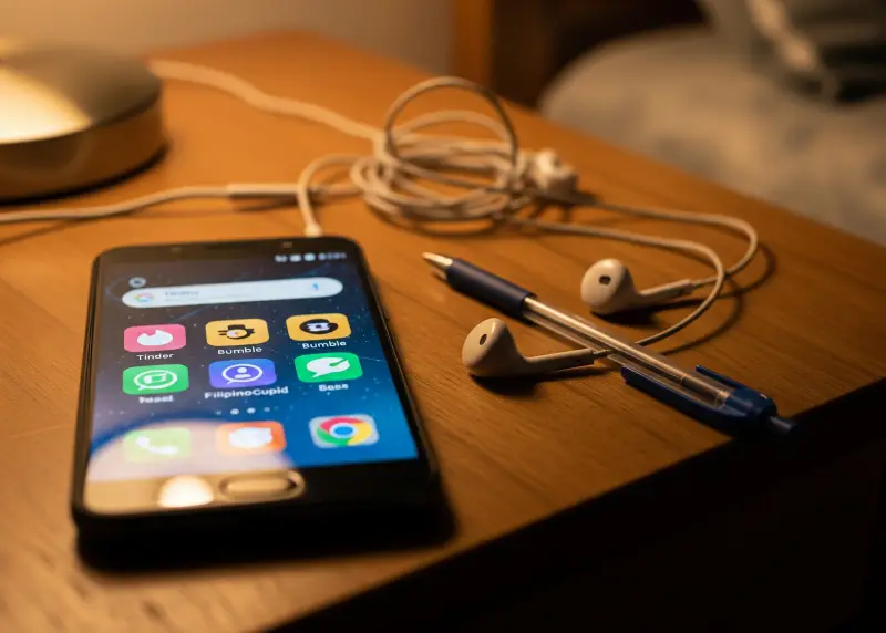 Smartphone with dating apps like Tinder, Bumble, and FilipinoCupid on the screen.