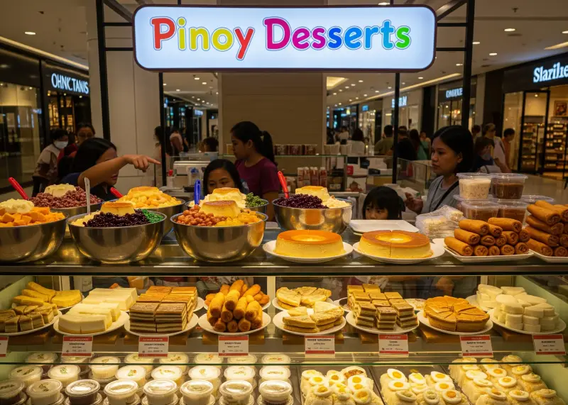 A dessert store in a Filipino mall selling halo-halo, leche flan, turon, buko pie, sapin-sapin, and other Pinoy sweets.