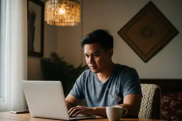Young Filipino freelancer working on a laptop with coffee in a cozy home office setup.