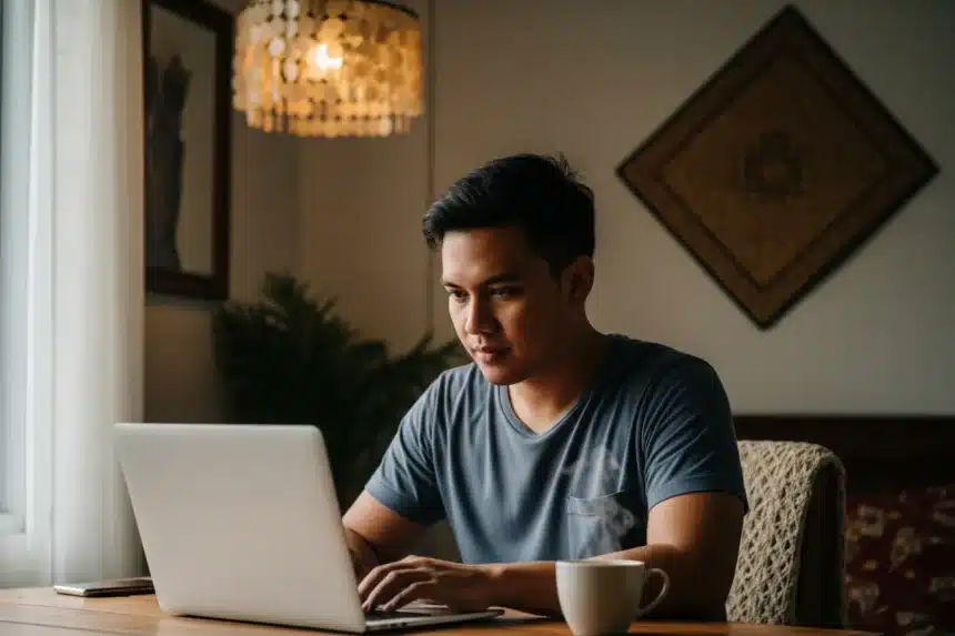 filipino earn money online 2025 Young Filipino freelancer working on a laptop with coffee in a cozy home office setup.