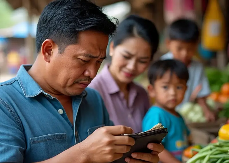 A Filipino father checking his wallet at the market while his family looks on