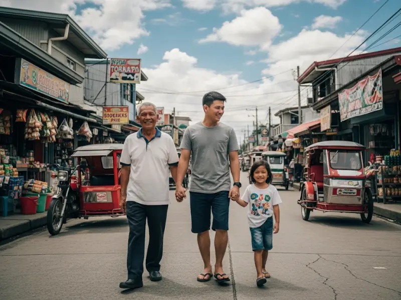 Three generations of a Filipino family walking together outdoors.