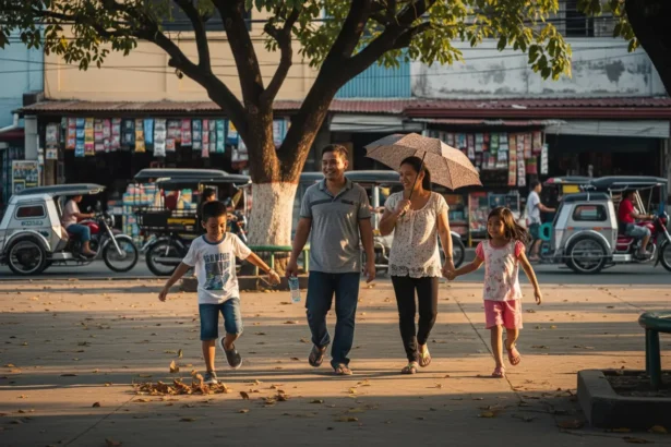 Filipino family walking together in a barangay park, practicing healthy habits.