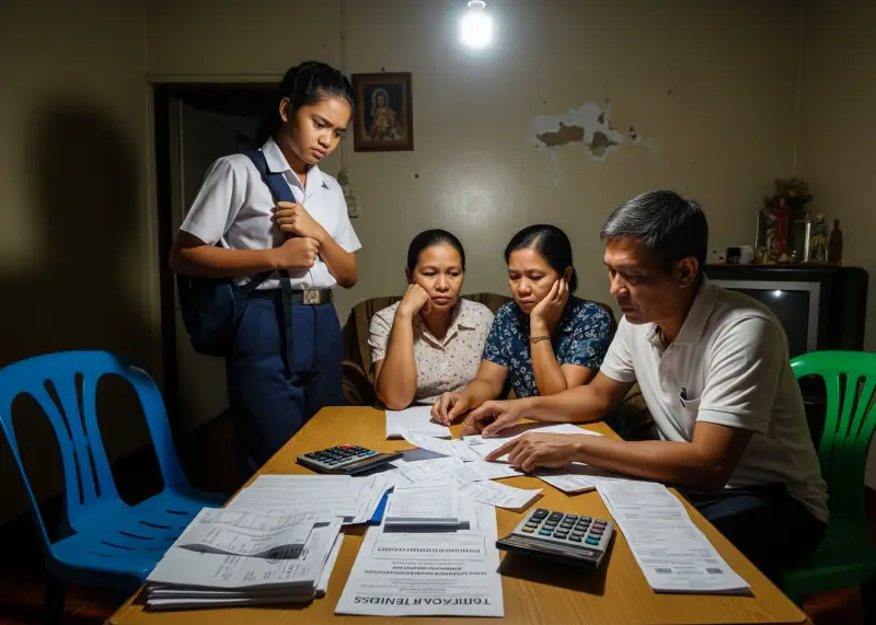 Filipino parents calculating tuition bills while student looks on worriedly.