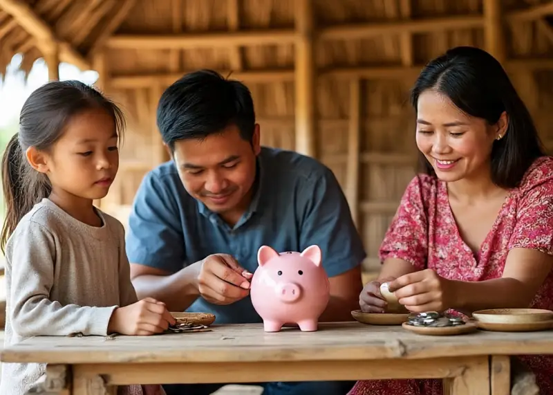 Filipino parents teaching their kid how to save