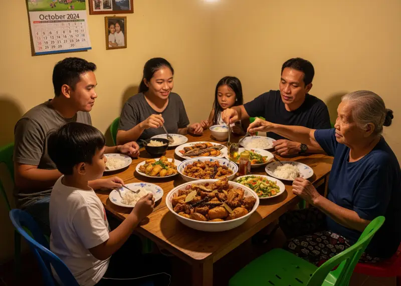A Filipino family eating adobo together at a modest home dining table.