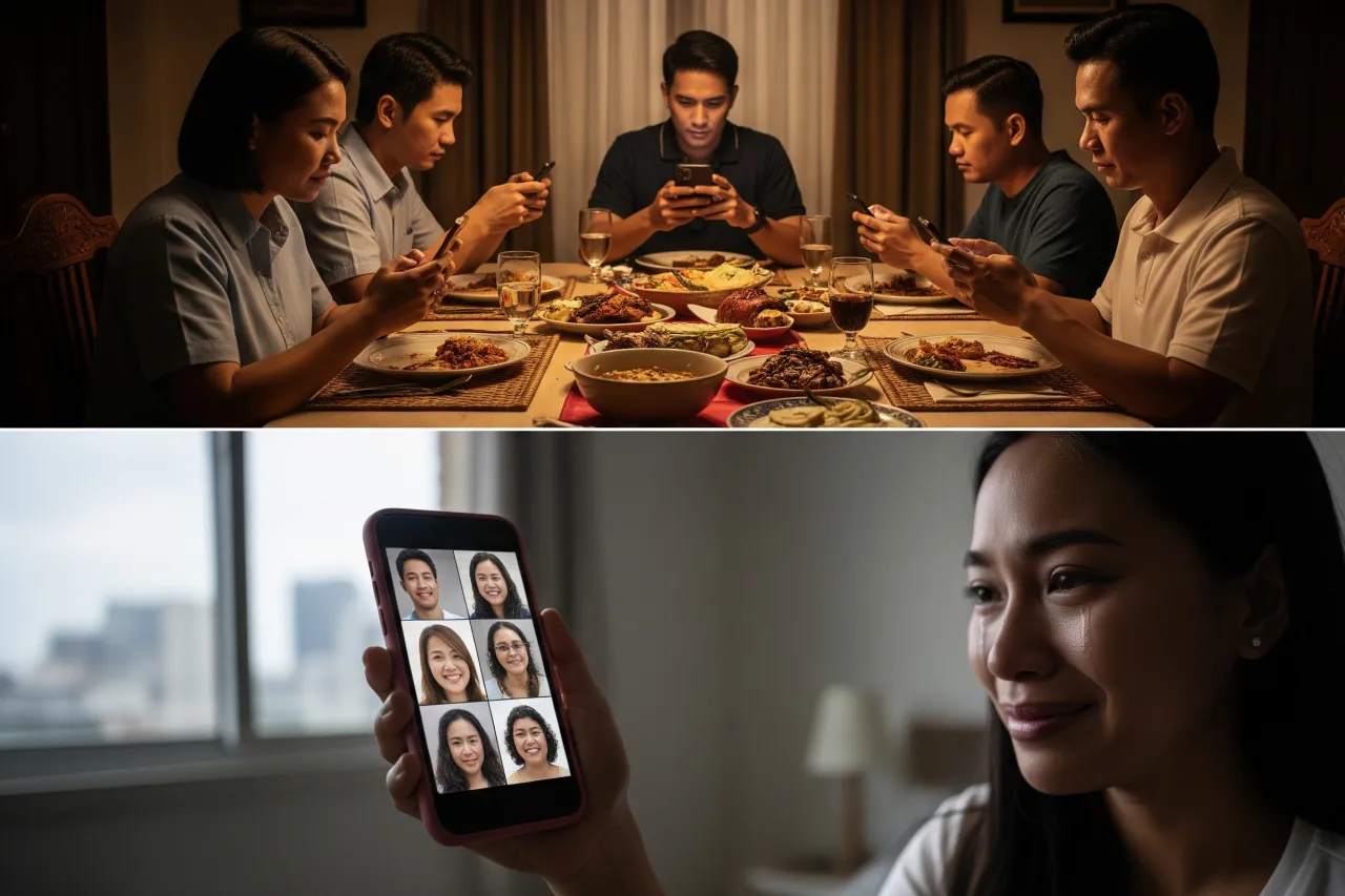A family dinner scene in the Philippines where each member is absorbed in their smartphone, highlighting how social media is changing family interaction.