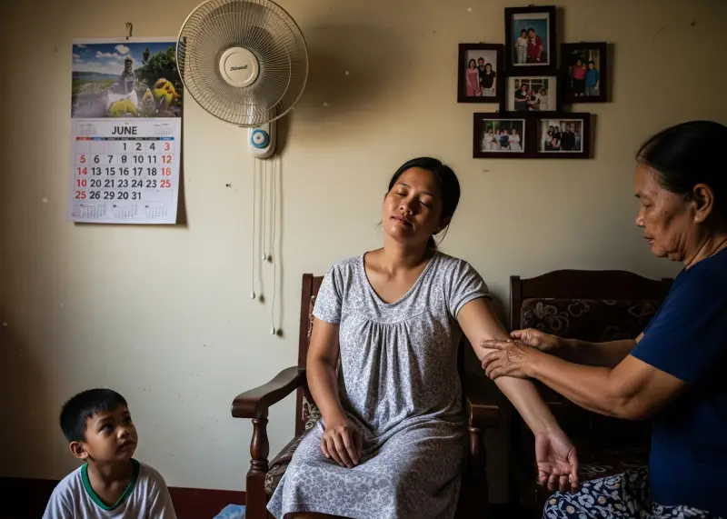 A Filipino mother receiving hilot treatment at home while her child looks on.