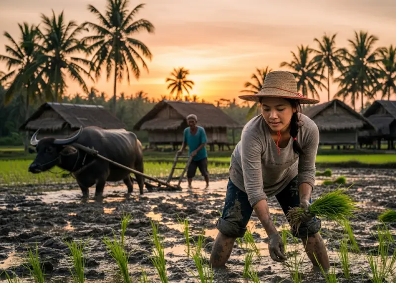 Filipino farmers planting rice by hand with a carabao in a muddy field at sunrise.