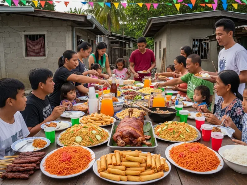 Filipino family and neighbors sharing a fiesta meal with lechon, pancit, lumpia, and barbecue under colorful banderitas.