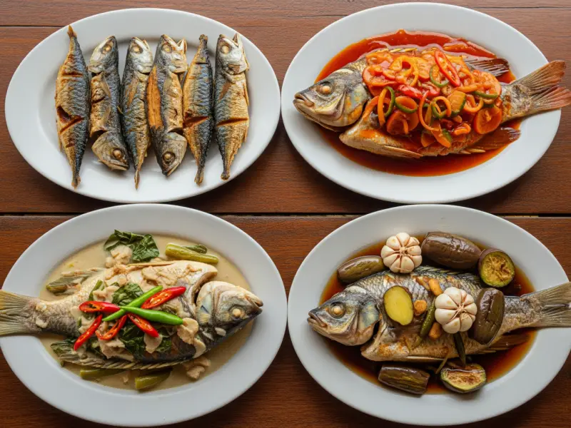 Four Filipino fish dishes on a dining table: Pritong Galunggong, Tilapia Escabeche, Ginataang Tilapia, and Paksiw na Isda.