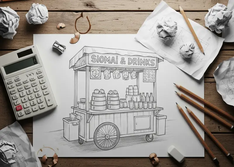 Sketch of a food cart business idea drawn on paper with notes and calculator.