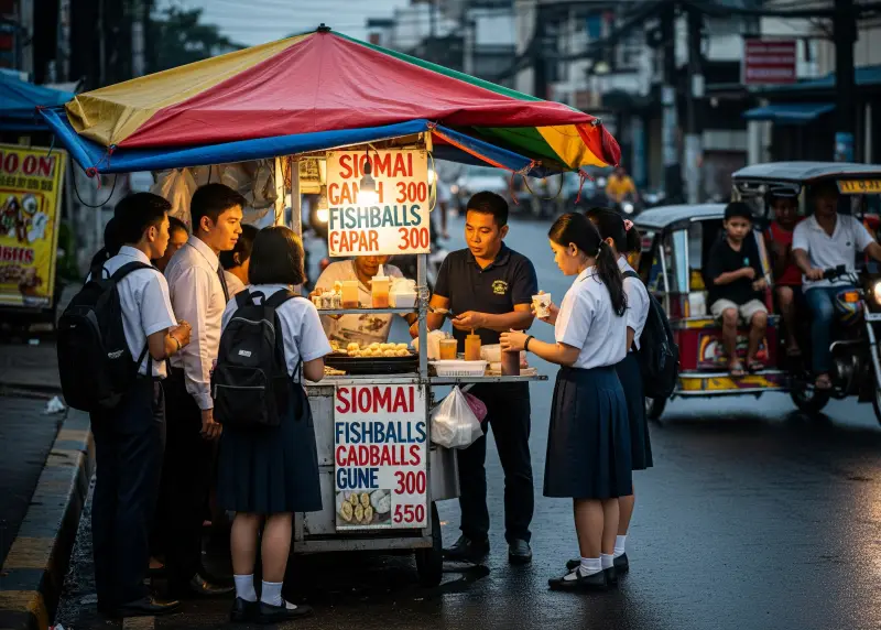 Filipino food cart selling siomai and fishballs with customers on a busy street.