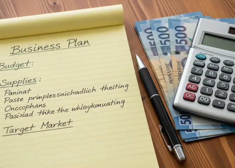 Handwritten Filipino food cart business plan with budget and market notes.