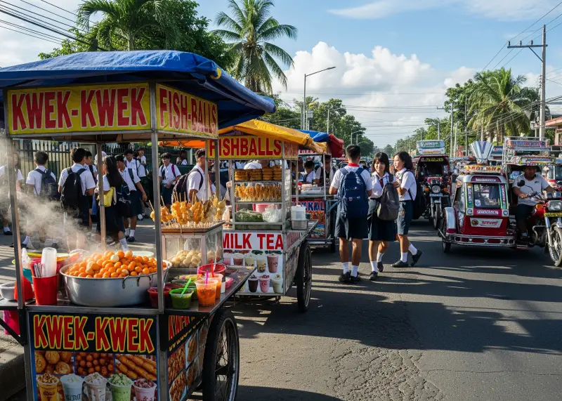 Filipino food carts selling snacks near a school with students and tricycles.