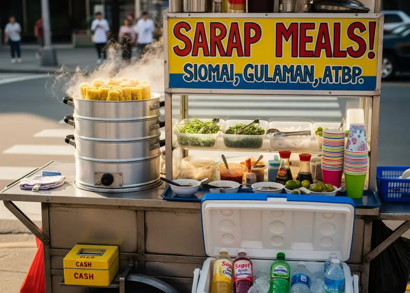 A Filipino food cart stocked with cooking equipment, ingredients, and drinks.