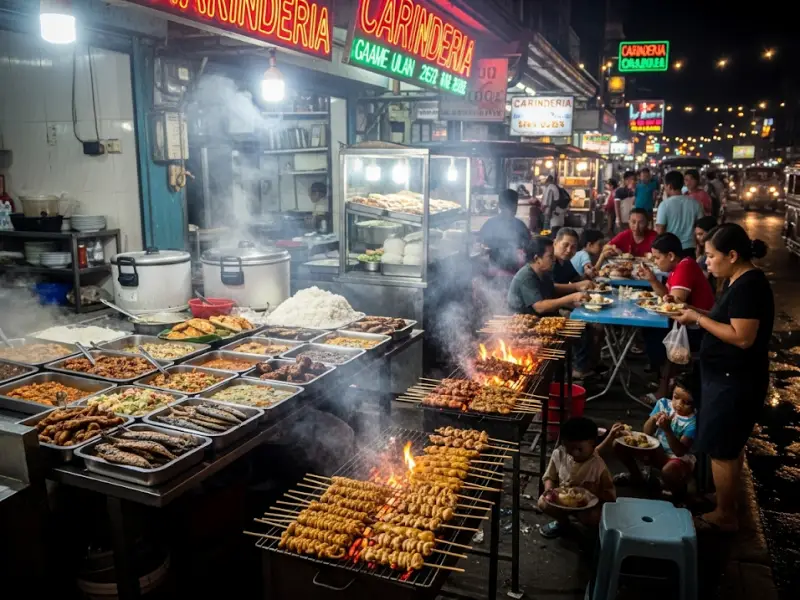 Carinderias and street food stalls in the Philippines with people eating rice meals.