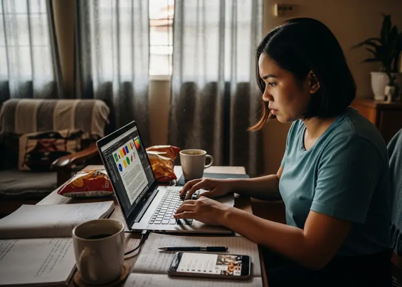 Filipino working as a freelance digital worker at home on a laptop.
